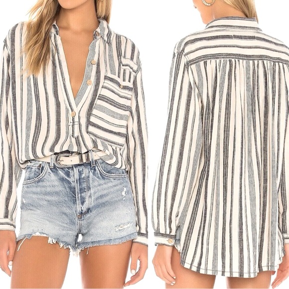 Free People Tops - FREE PEOPLE - We The Free Blue And Cream Striped Linen-Blend Blouse Size Medium